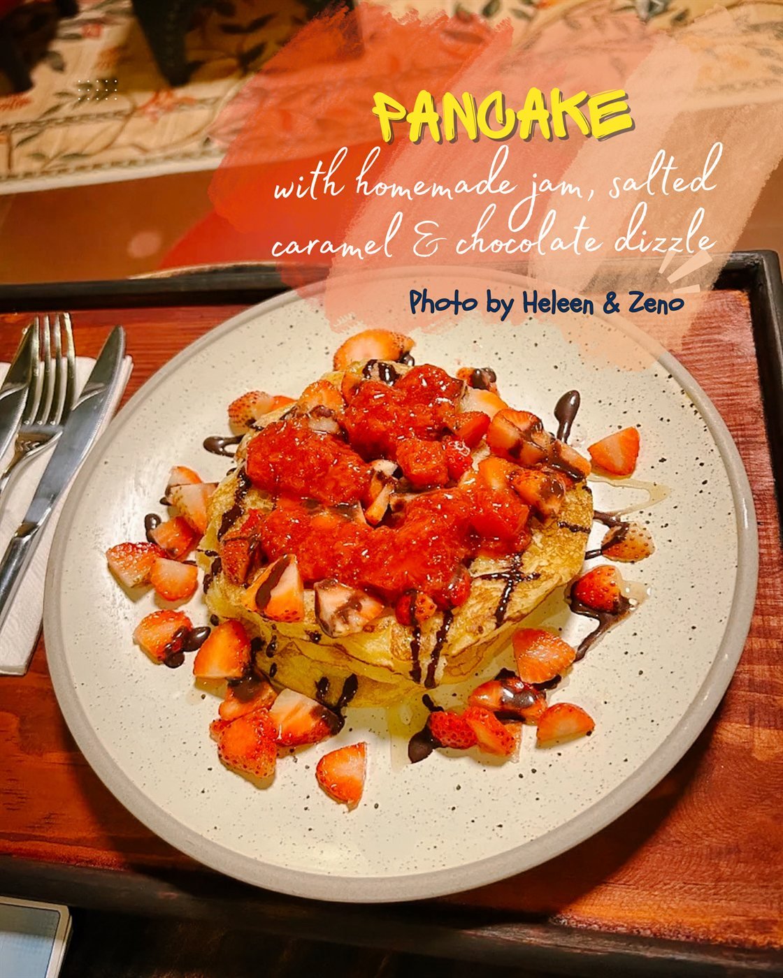 Pancake with homemade strawberry jam, salted caramel and chocolate drizzle