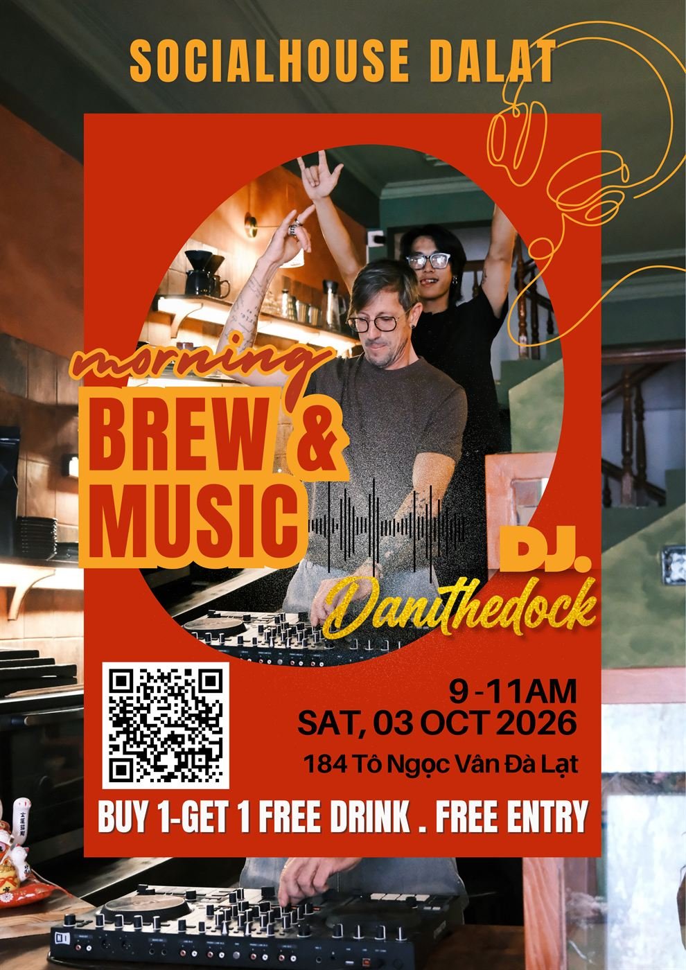 Event poster: Morning Brew & Music with DJ Danithedock, Sat 3 Oct 2026, 9–11 am, buy 1 get 1 free drink, free entry